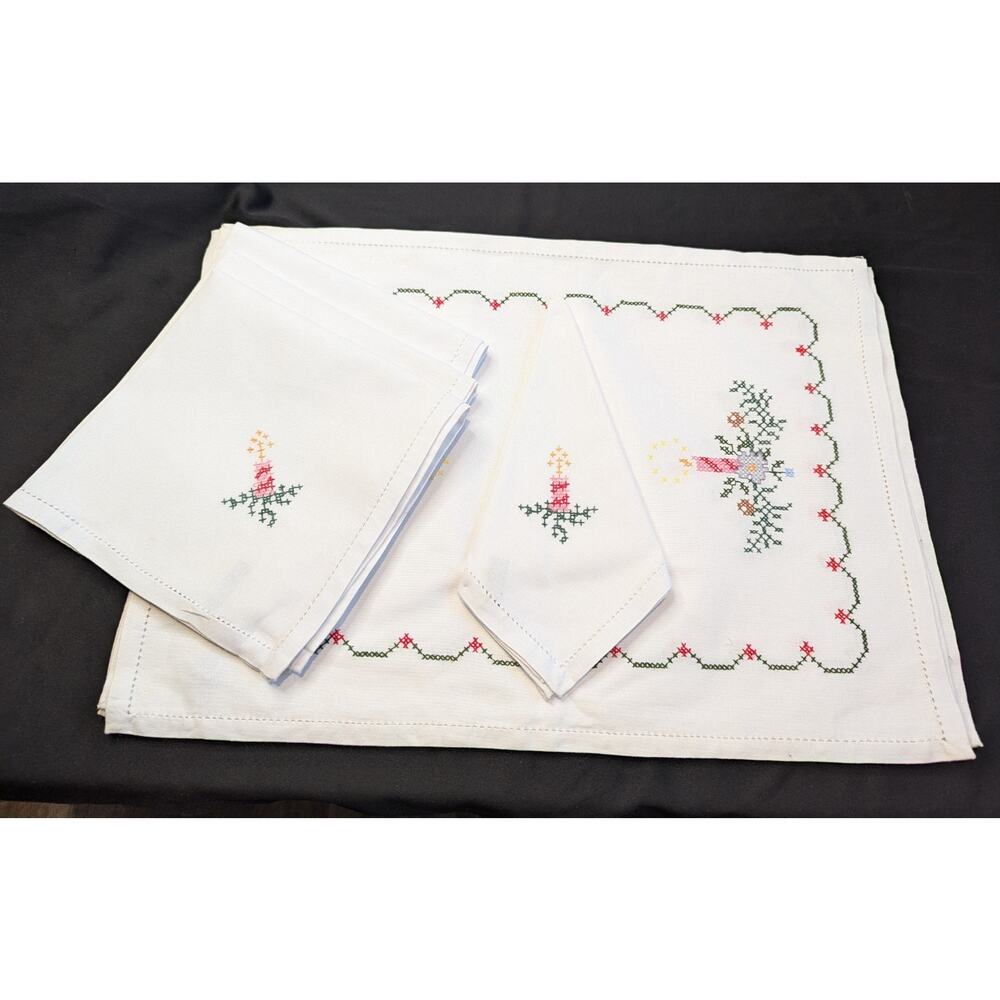 Christmas Place Mats Table Cloth Napkins Towel Cotton Extra Large Candle Motif